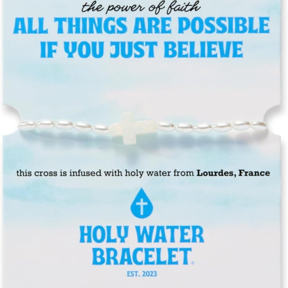 Holy Water Stretch Bracelet Brass Pearl No Clasp Cord Chain Women Faith Gift